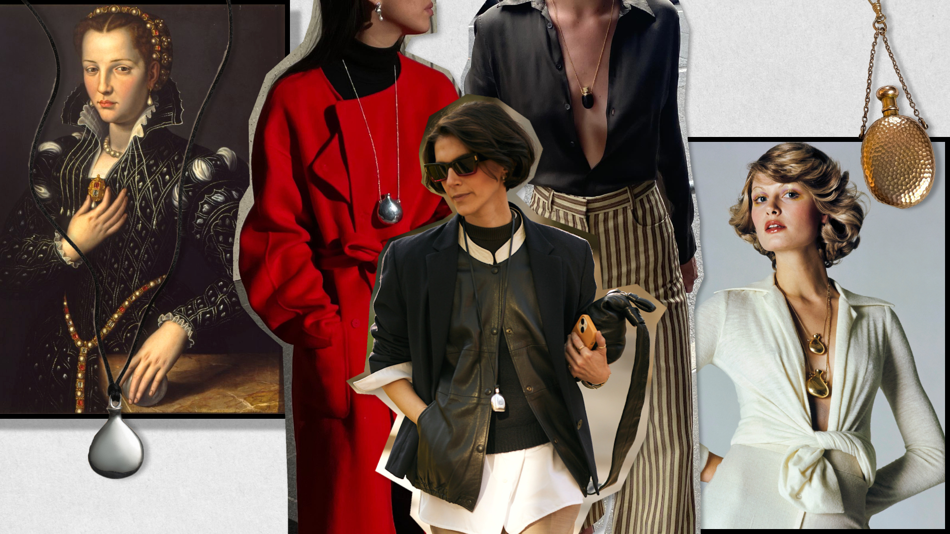 A graphic of the perfume necklace trend for 2025 featuring a painting, woman wearing perfume bottle pendant necklaces, and elsa peretti by halston perfume pendants