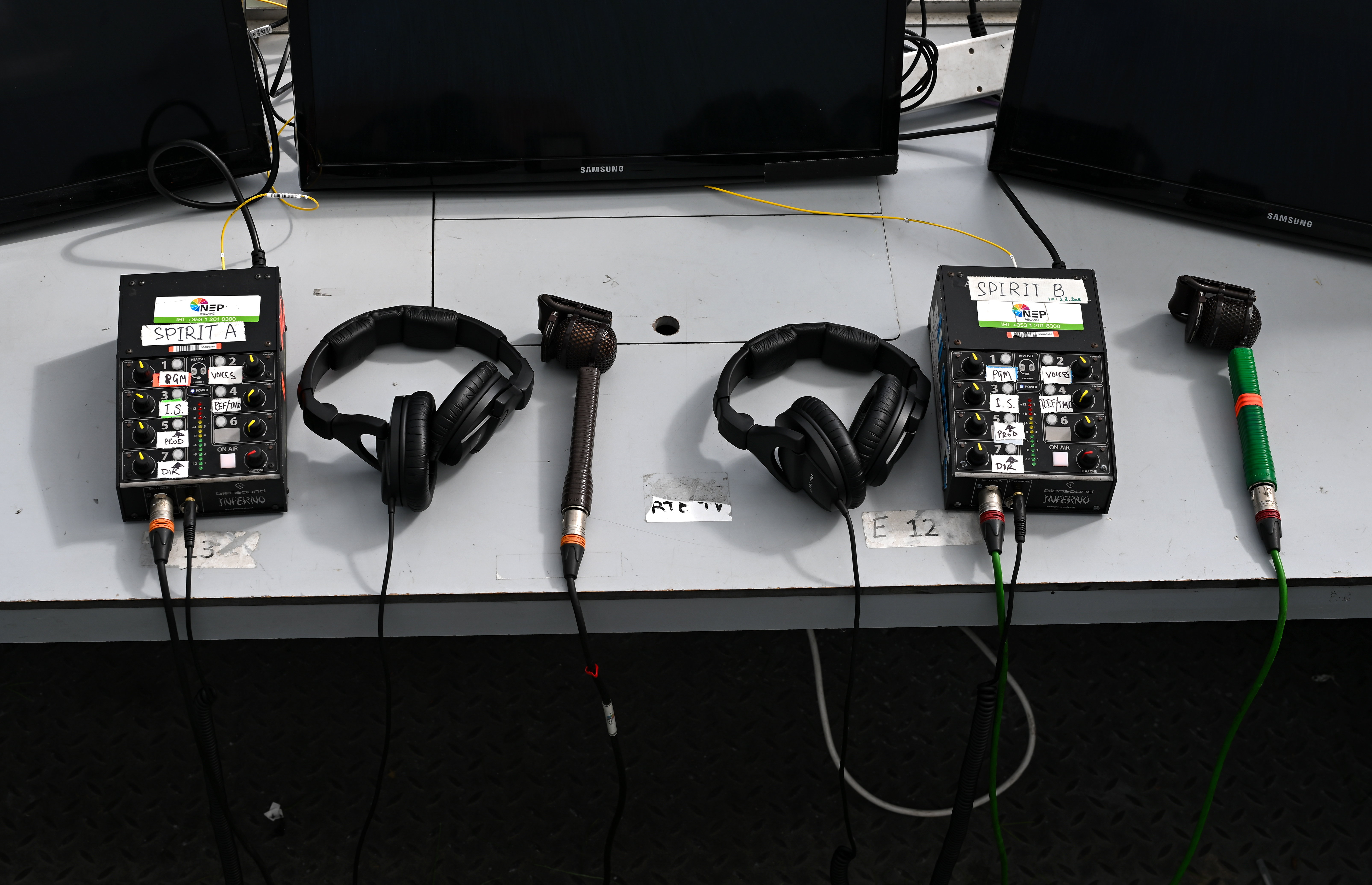 Dublin , Ireland - 18 April 2026; Television commentators equipment before the 2027 FIFA Women&rsquo;s World Cup Qualifier match between Republic of Ireland and Poland at the Aviva Stadium in Dublin. (Photo By Stephen McCarthy/Sportsfile via Getty Images)