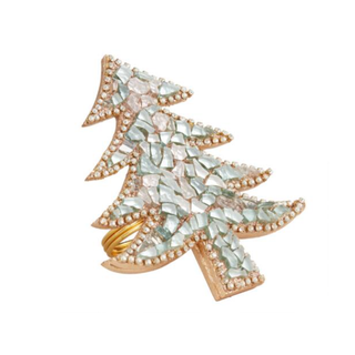 A sparkly Christmas tree shaped gold napkin ring with blue embellishment 