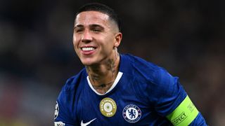 Enzo Fernandez of Chelsea reacts towards the SL Benfica fans after being awarded a free kick during the UEFA Champions League 2025/26 League Phase MD2 match between Chelsea FC and SL Benfica at Stamford Bridge on September 30, 2025 in London, England.