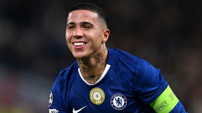 Enzo Fernandez of Chelsea reacts towards the SL Benfica fans after being awarded a free kick during the UEFA Champions League 2025/26 League Phase MD2 match between Chelsea FC and SL Benfica at Stamford Bridge on September 30, 2025 in London, England. 
