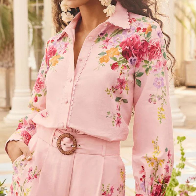 Love &amp;amp; Roses , Blush Pink Floral Printed Long Sleeve Blouse