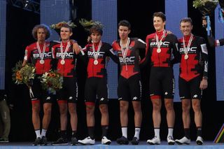 Silver medalists BMC Racing after the men's TTT at the Bergen World Championships