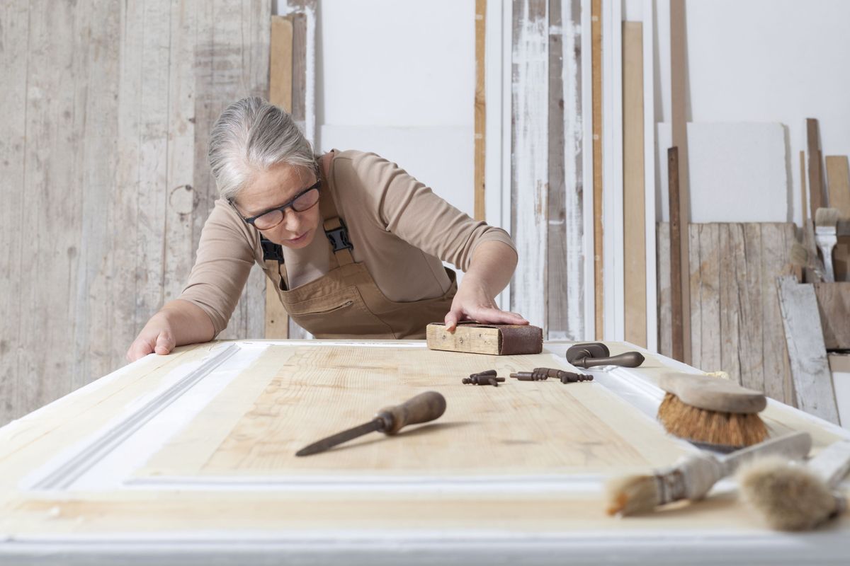 A woman sanding a wooden door by hand