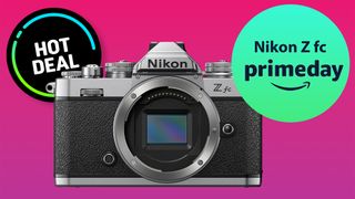 Nikon Z fc on purple backdrop with Hot Deal roundel and Primeday roundel