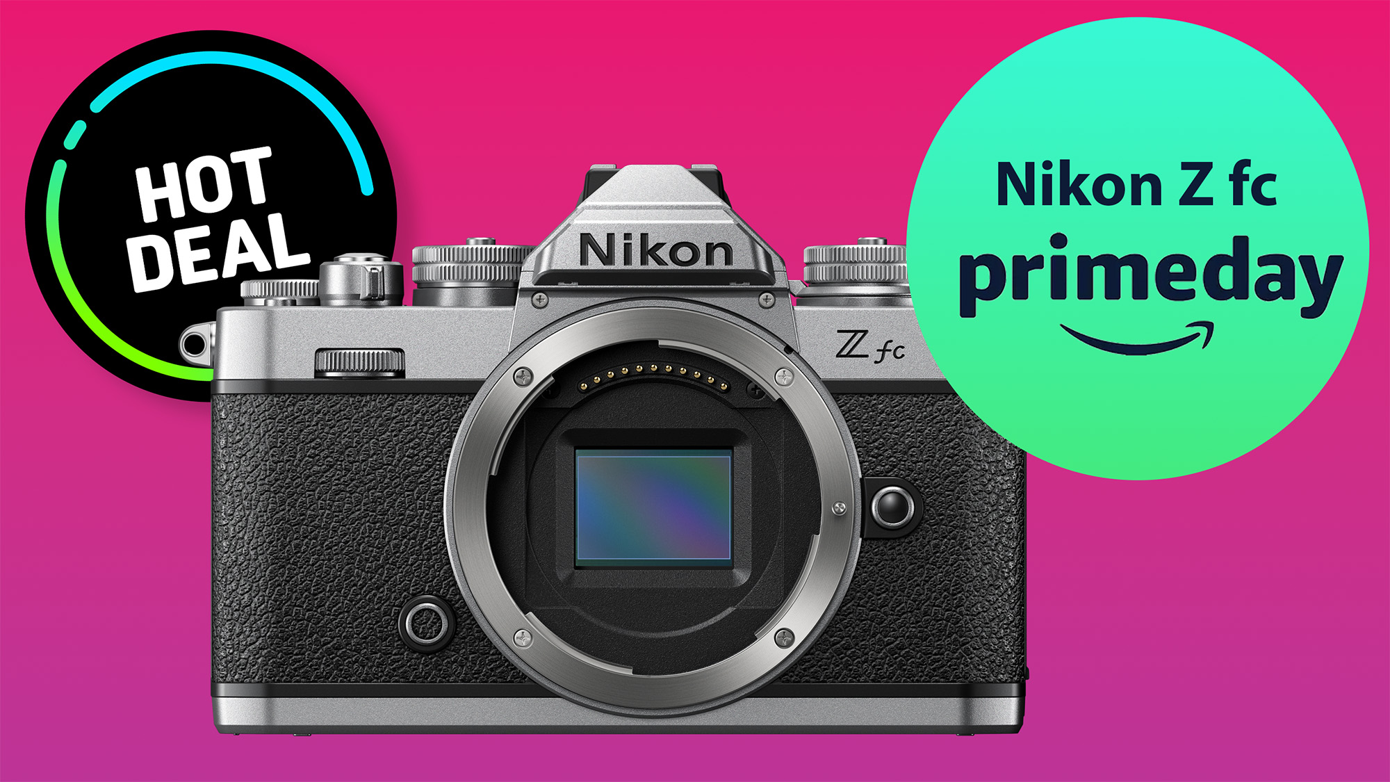 Nikon Z fc on purple backdrop with Hot Deal roundel and Primeday roundel 