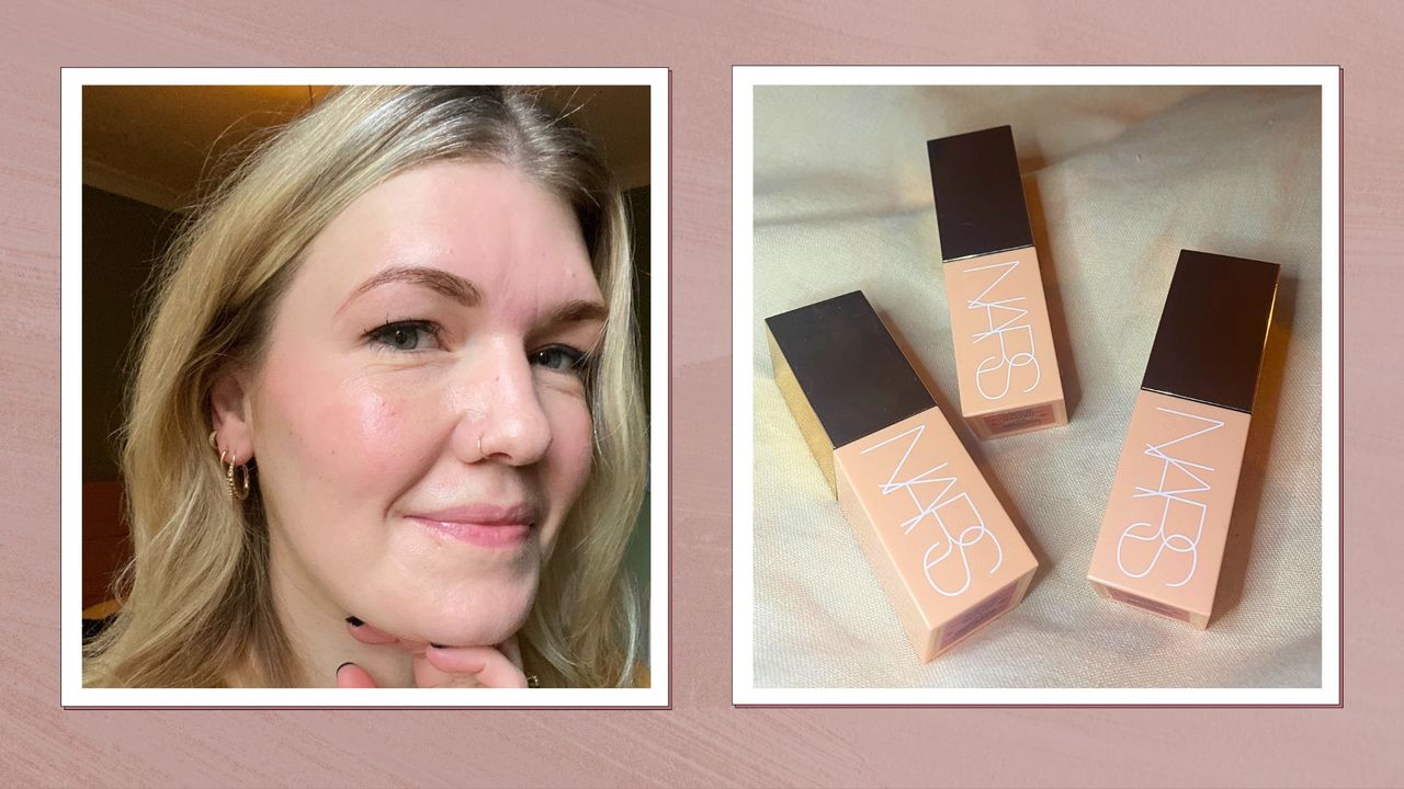 Beauty editor Fiona McKim pictured wearing NARS Afterglow Liquid Blush, next to a photograph of three tubes of NARS Liquid Blush on a pale pink linen backdrop