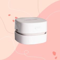 Lakeland mini countertop vacuum on a pink background