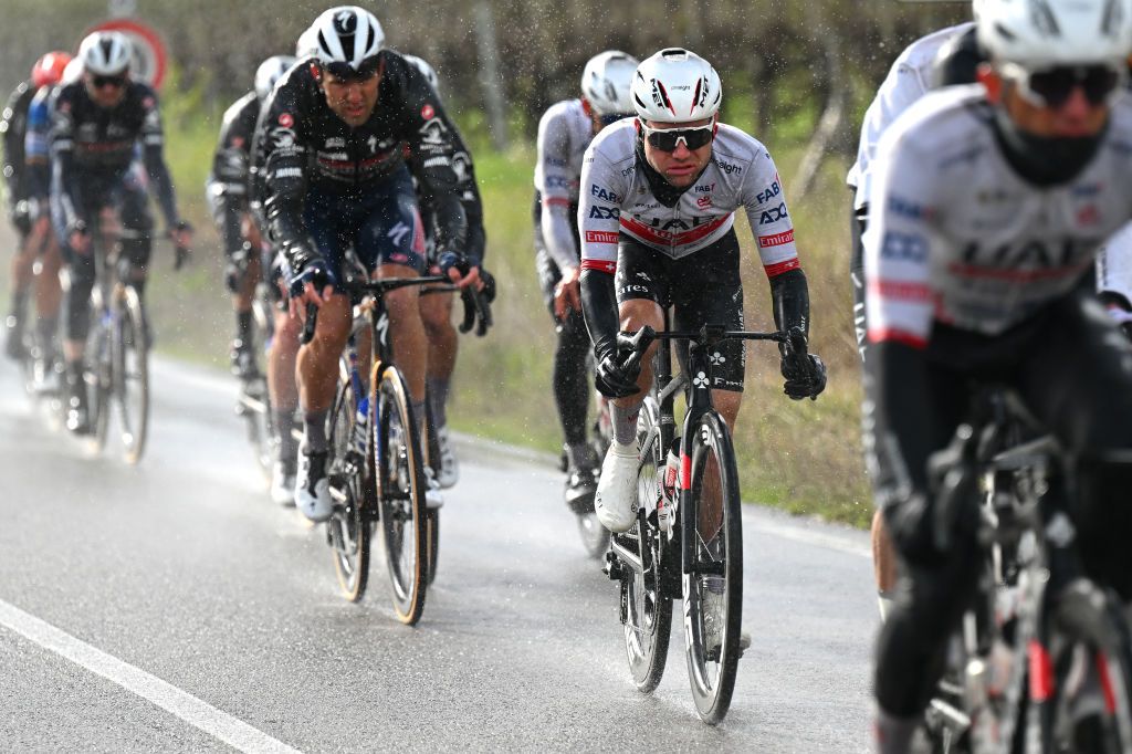 GUALDO TADINO ITALY MARCH 06 Marc Hirschi of Switzerland and UAE Emirates Team competes in heavy rain during the 59th TirrenoAdriatico 2024 Stage 3 a 225km stage from Volterra to Gualdo Tadino 527m UCIWT on March 06 2024 in Gualdo Tadino Italy Photo by Tim de WaeleGetty Images