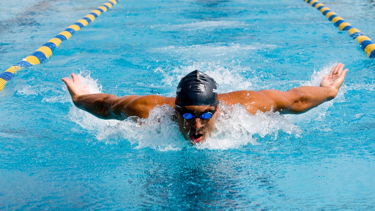 Man doing butterfly swimming stroke in the pool, the best swim stroke for burning calories