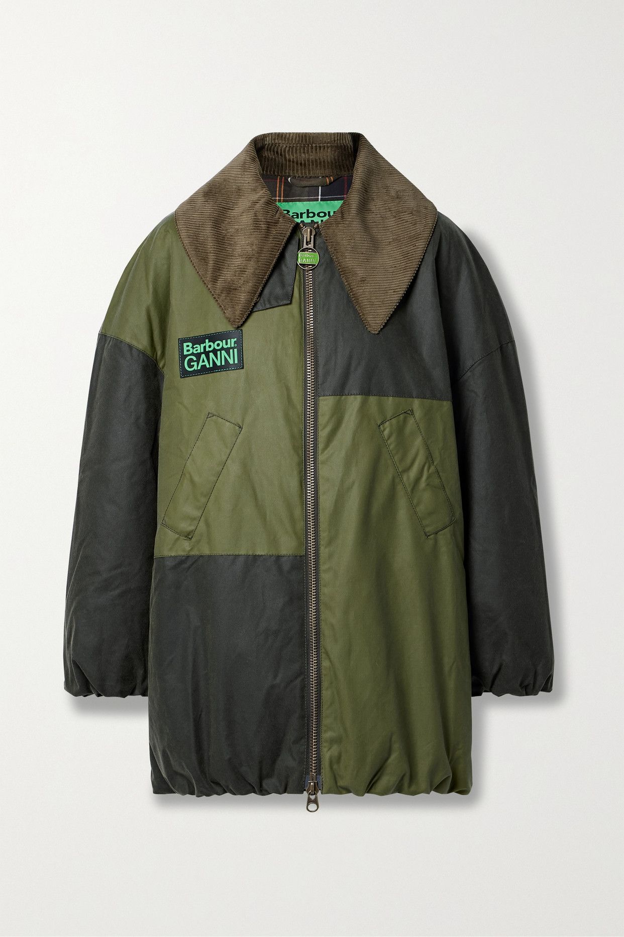 + Ganni Corduroy-Trimmed Padded Color-Block Organic Waxed-Cotton Jacket