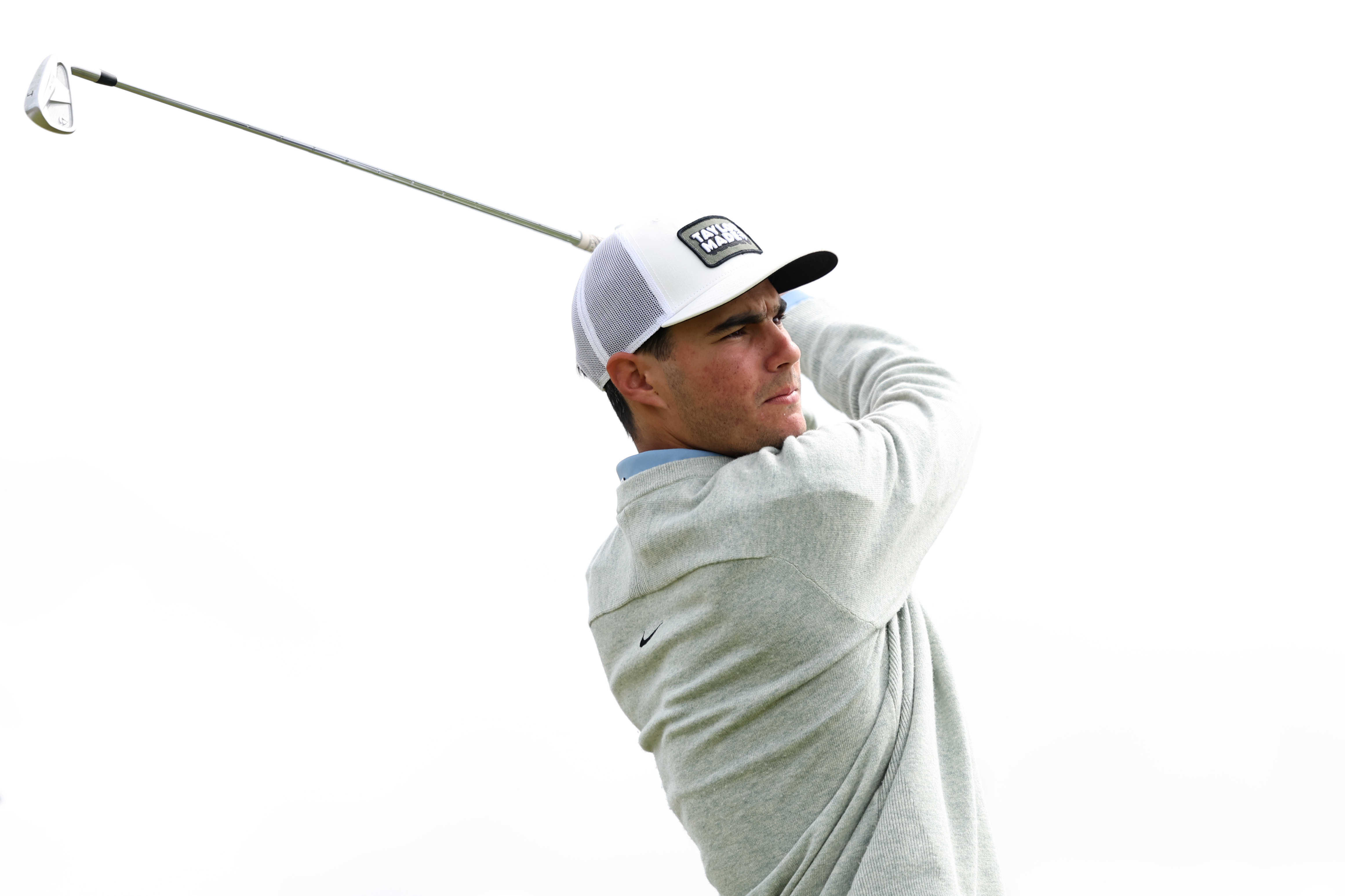 Lev Grinberg tees off during a practice round ahead of the 2026 Amateur Championship at Royal Liverpool Golf Club.
