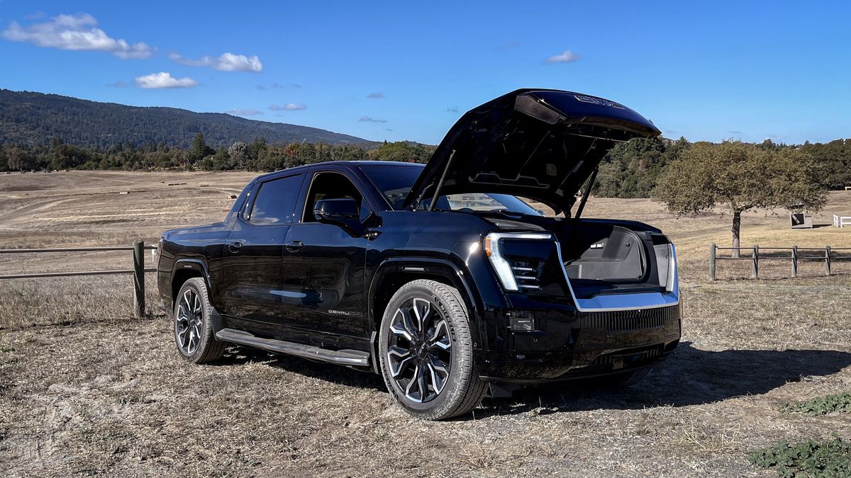 2025 GMC Sierra EV Denali electric truck with front trunk open