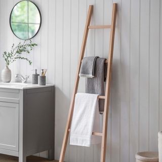 bathroom with ladder shelving and towels