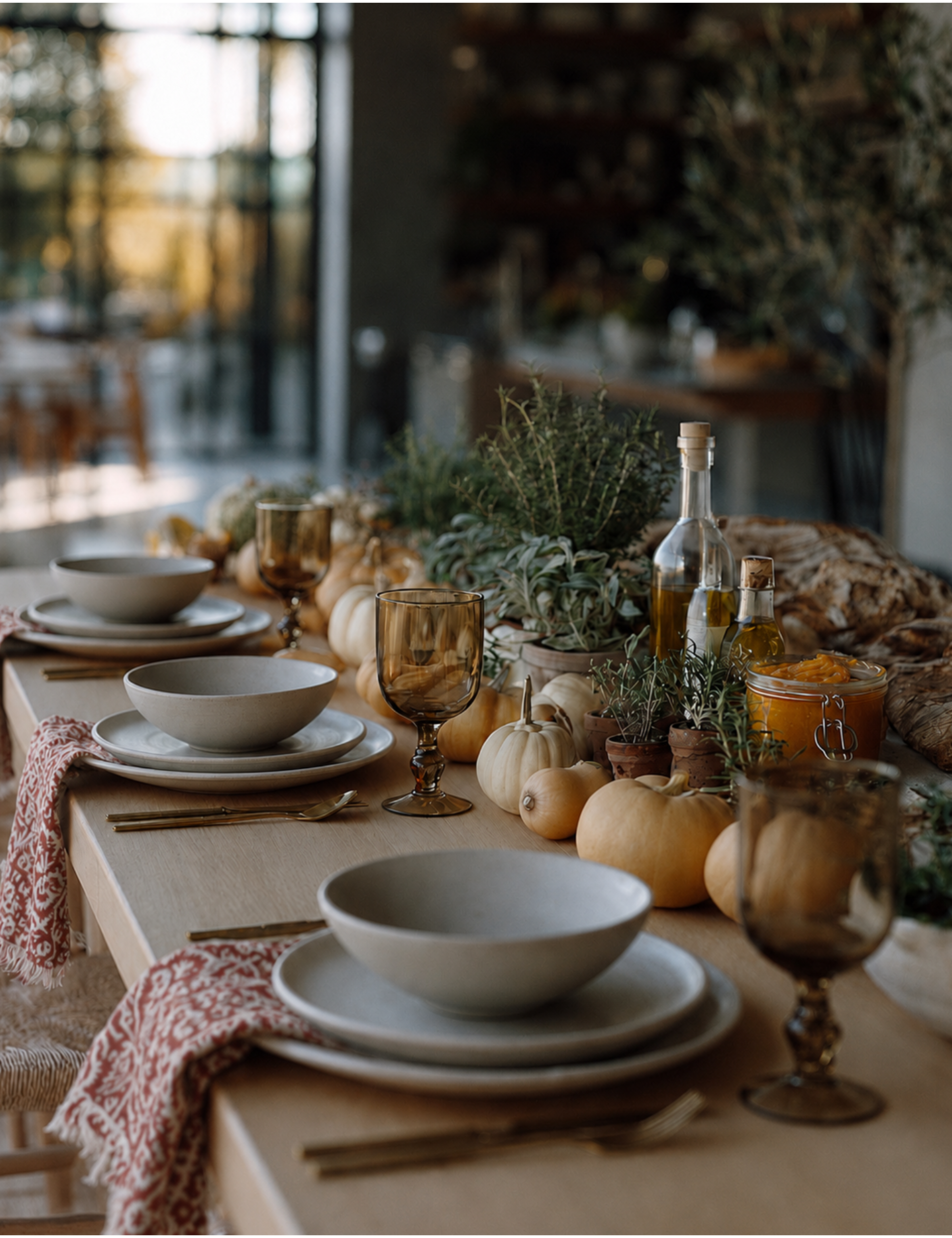 Harvest decor-inspired fall table decorated with gourds, amber glassware, patterned napkins, and stacked ceramics.