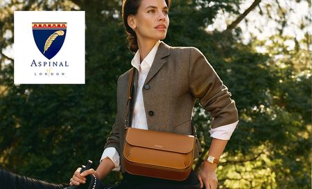 Model on a horse with a brown aspinal of London strapped around her