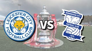 Leicester and Birmingham football club logos over an image of the FA Cup Trophy