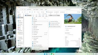 A Windows File Explorer window is open on the &ldquo;Demo&rdquo; folder, showing an image of an ibex on the right preview pane. The context menu displays options like Open, Set as desktop background, and Print.