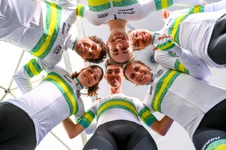 Picture by Simon Wilkinson/SWpix.com - 25/09/2024 - 2024 UCI Road and Para-cycling Road World Championships, Zurich, Switzerland - Team Time Trial Mixed Relay - Michael Matthews, Ben O&#039;Connor, Jay Vine, Grace Brown, Brodie Chapman, Ruby Roseman-Gannon (Australia) celebrates winning the 2024 Team Time Trial Mixed Relay World Championship