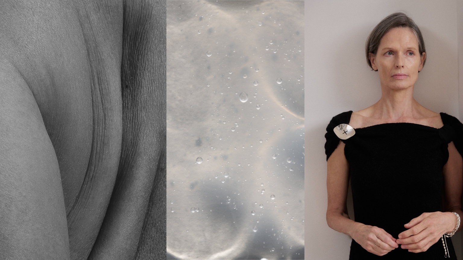 a trio of images, one of a black and white photo of a woman's back, a close up of serum, and a woman with gray hair in a black dress