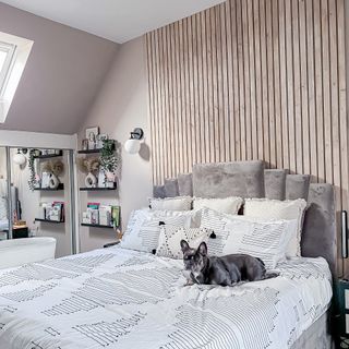bedroom with dog on bed and cushions on bed with wall paneling
