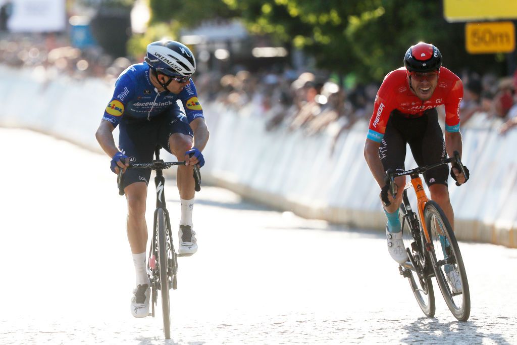 CHELM POLAND AUGUST 09 LR Alvaro Jose Hodeg Chagui of Colombia and Team Deceuninck QuickStep Phil Bauhaus of Germany and Team Bahrain Victorious sprint at finish line during the 78th Tour de Pologne 2021 Stage 1 a 216km stage from Lublin to Chem 212m TourdePologne TDP2021 UCIWT on August 09 2021 in Chelm Poland Photo by Bas CzerwinskiGetty Images