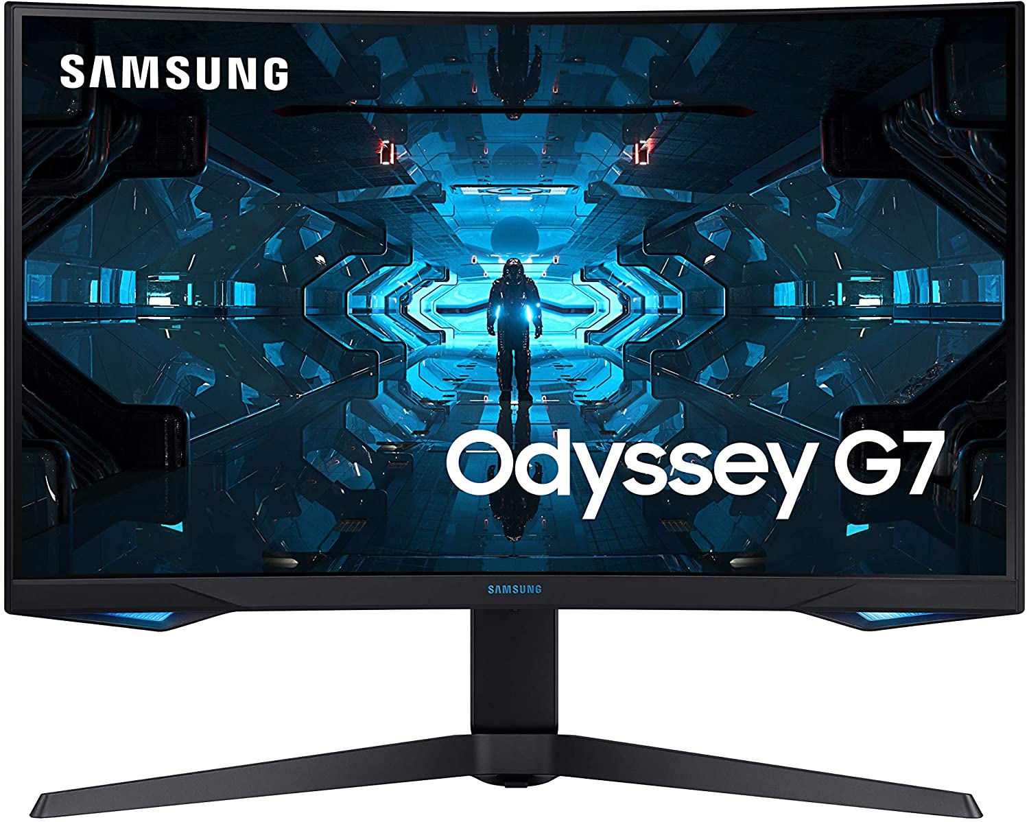The curved Samsung Odyssey G7 from the front on a white background