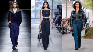 Three models going down the catwalk wearing darker wash denim trends 2024