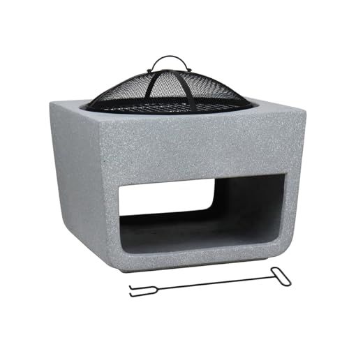 Charles Bentley Outdoor, Garden, Patio, 50cm Square Magnesia Fire Pit With Mesh Cover, Cooking Grill, Patio Heater, With Poker, Lightweight Modern Mgo Design, Wood and Charcoal Burner (52x52x48cm)