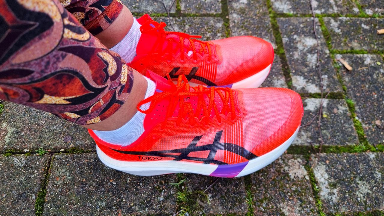 A picture of our reviewer's Asics Metaspeed Sky Tokyo running shoes