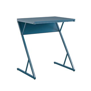 A blue Z-shaped couch desk