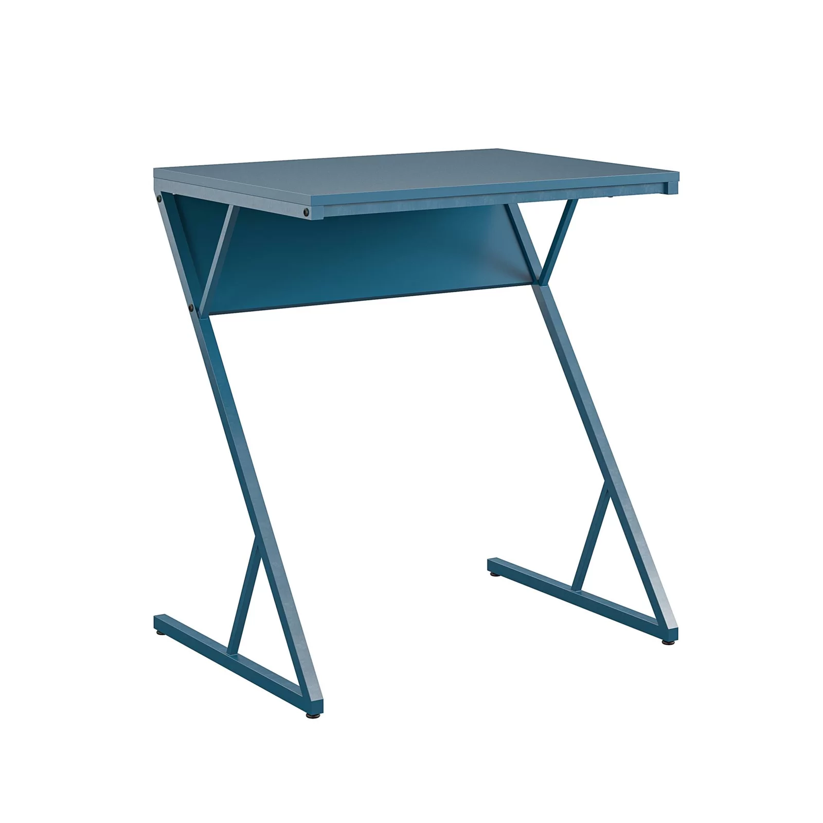 A blue Z-shaped couch desk