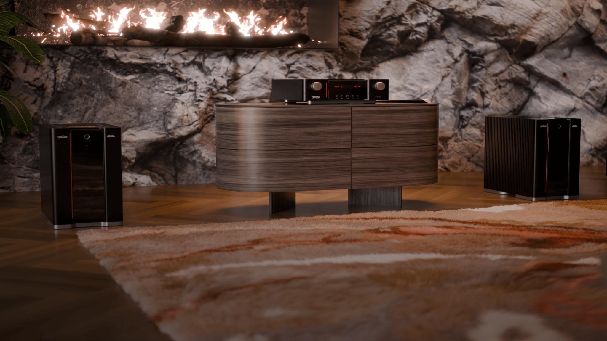 Mark Levinson 600 Series lifestyle image showing the components in front of a roaring fire, atop a nice curved wood unit