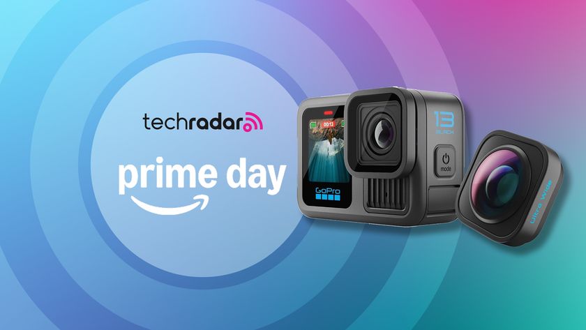 GoPro Hero 13 Black and Ultra Wide Lens Mod on a blue background with TechRadar Prime Day text overlay