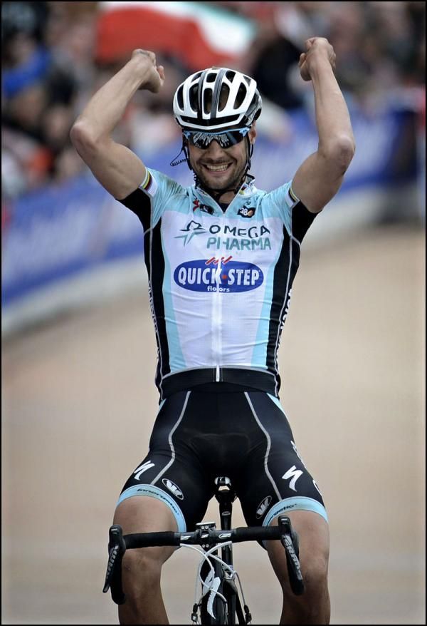 A jubilant Tom Boonen crosses the finish line