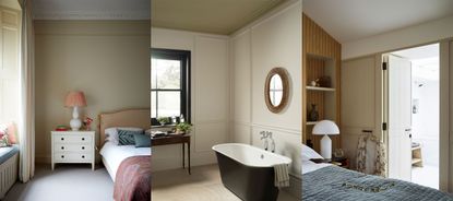 Three examples of, what color is ecru? Bedroom with ecru painted wall behind bed. Bathroom with ecru painted ceiling, cream painted walls. Bedroom with ecru painted walls surrounding the door.