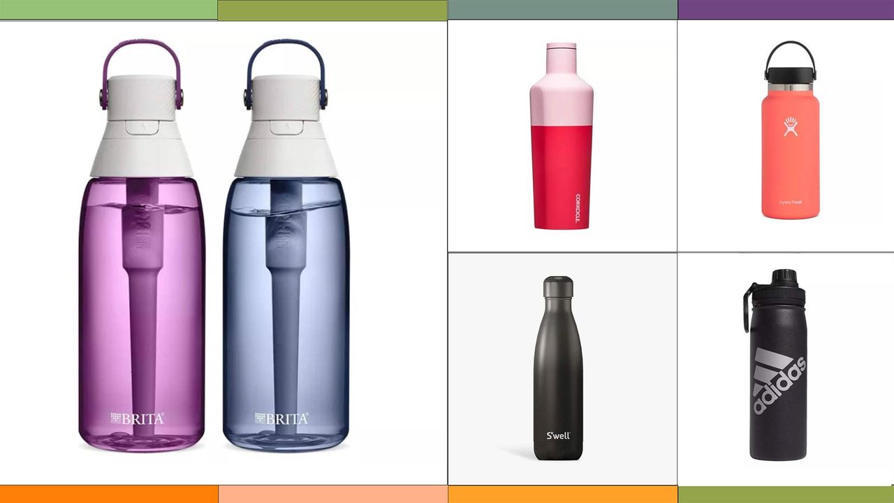 A selection of the best reusable water bottles is pictured from L-R Brita, Hydro, Adidas, Corkcicle, S&#039;well