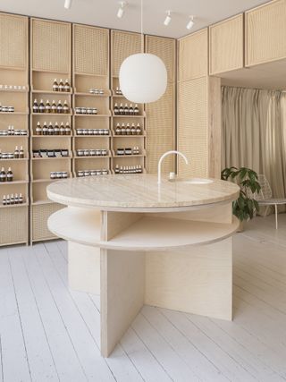 Travertine-topped sink at RÖ Skin Treatment Rooms, Stamford, UK