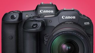 The Canon EOS R5 and EOS R3 on a pink background