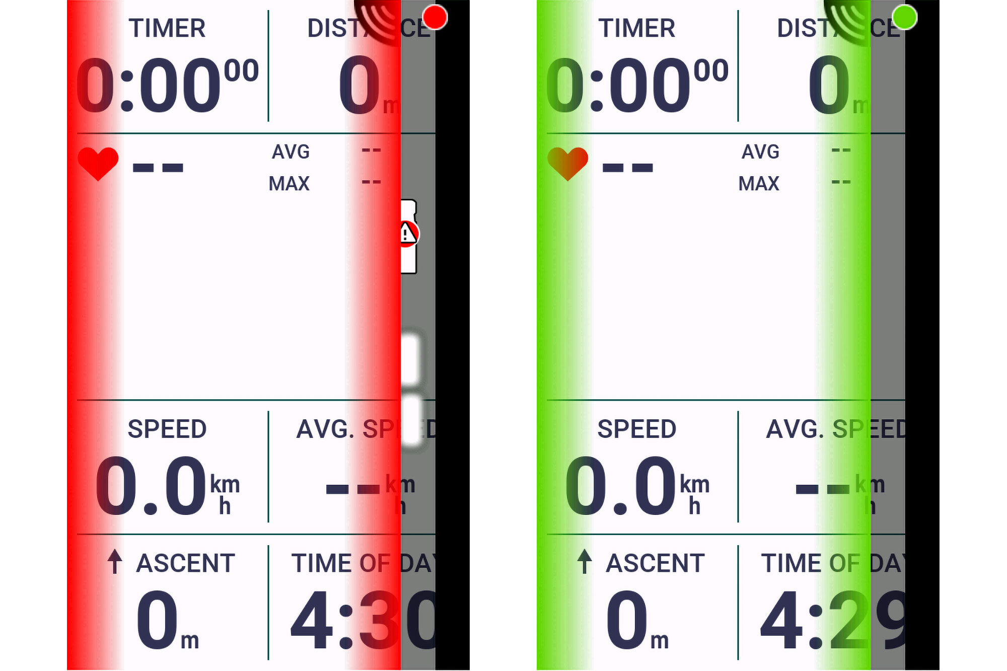 Garmin Edge head unit screens showing threat on the left, and threat cleared on the right
