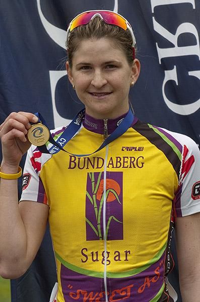 Loren Rowney (Bundaberg Sugar) with her gold medal after winning the Victorian Open Womens Road Race Championship in Anakie.