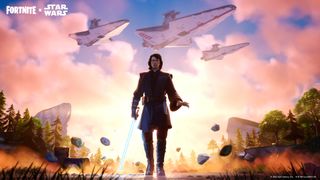 illustration of anakin skywalker holding a lightsaber and raising his hand to move some rocks using the force. above him are three spaceships in the sky
