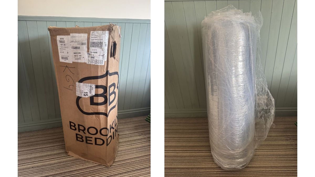 A Brooklyn Bedding mattress box infront of teal panelled wall (left). Copperflex Memory Foam mattress vacuum sealed in plastic wrapping (right).