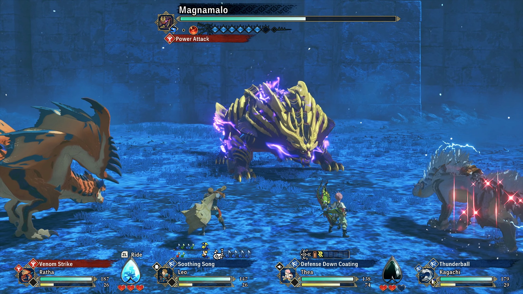Trailer screenshot of Rangers and their Monsties battling Magnamalo in Monster Hunter Stories 3: Twisted Reflection