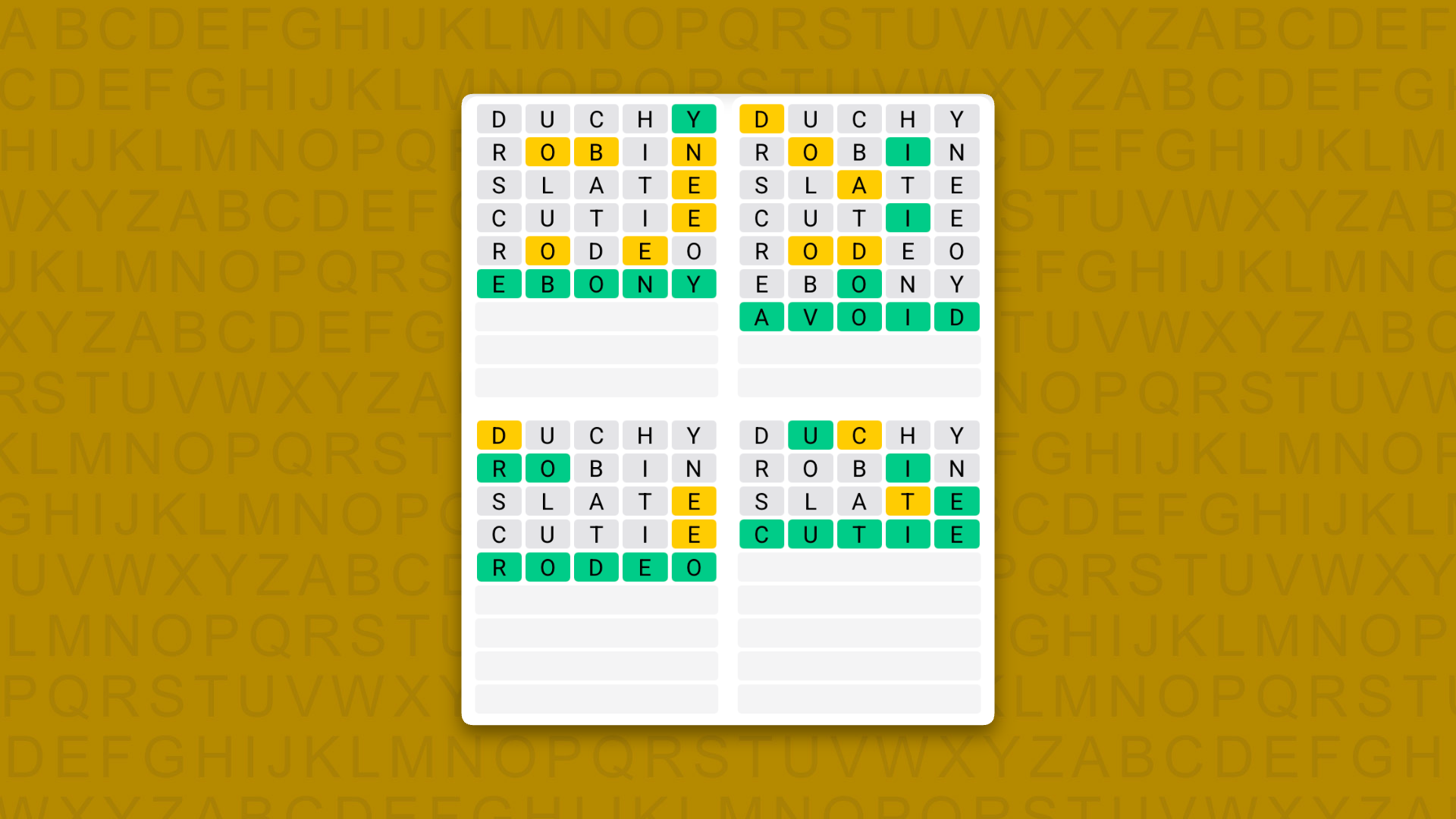 Quordle answers for game 1632 on a yellow background