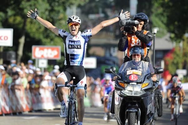 Lars Ytting Bak (Team Saxo Bank) wins the fifth stage of the Eneco Tour after attacking his breakaway companions in the closing kilometres.