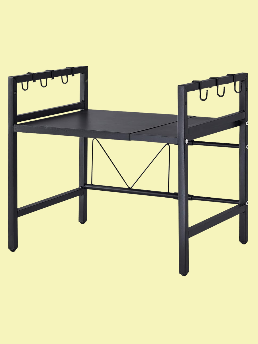 An extendable oven rack with a shelf and hooks from Amazon