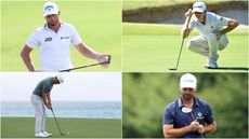 Four golfers react and looks at putts