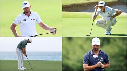 Four golfers react and looks at putts