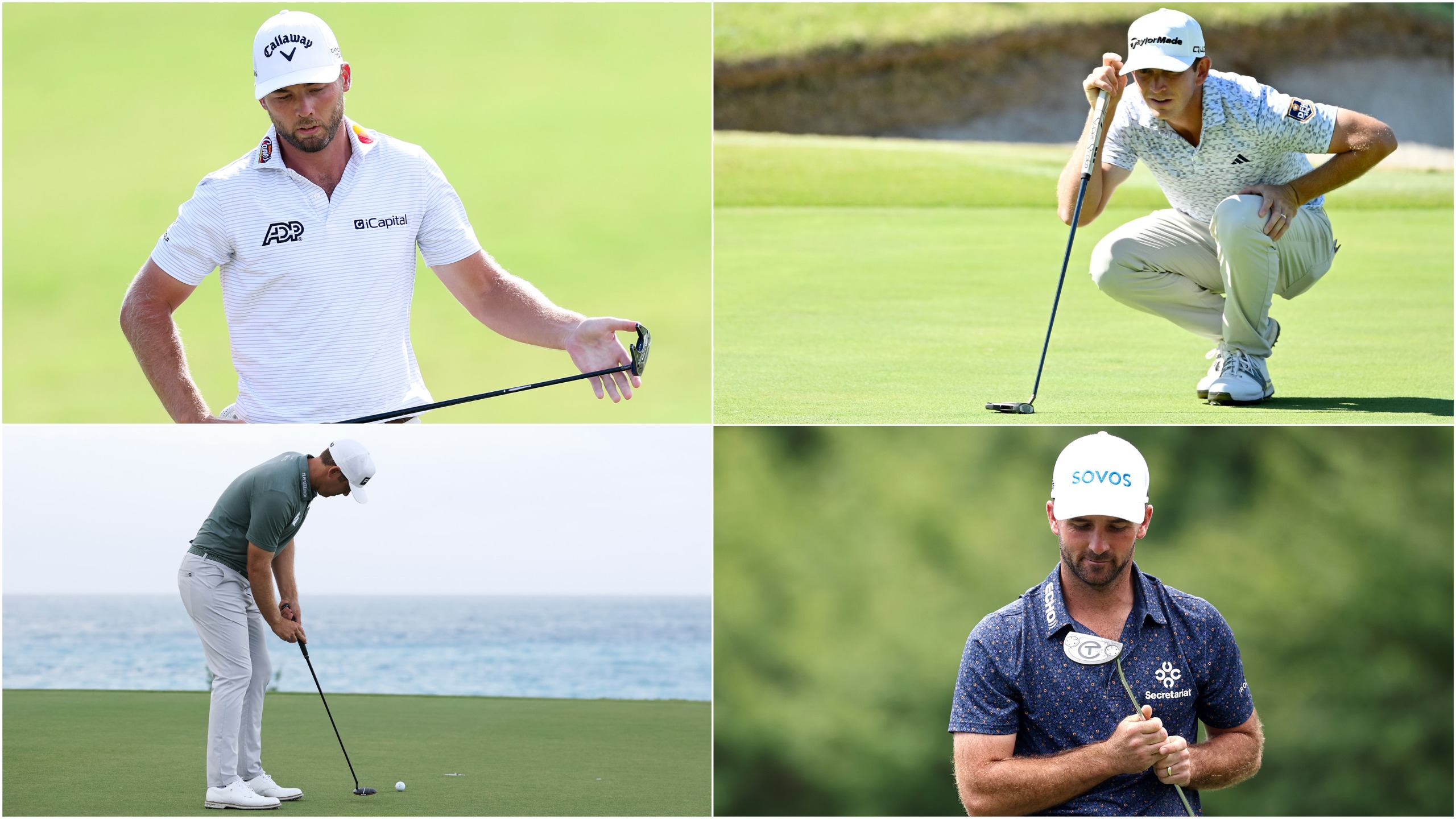 Four golfers react and looks at putts